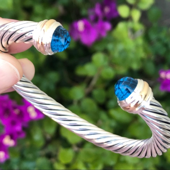 David Yurman Jewelry - David Yurman 7mm Cable Cuff w/ Blue Topaz & 14K